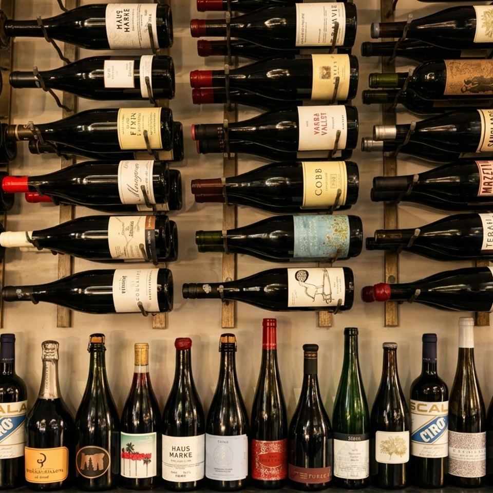 A wall display of numerous wine bottles, some racked horizontally, others standing upright.