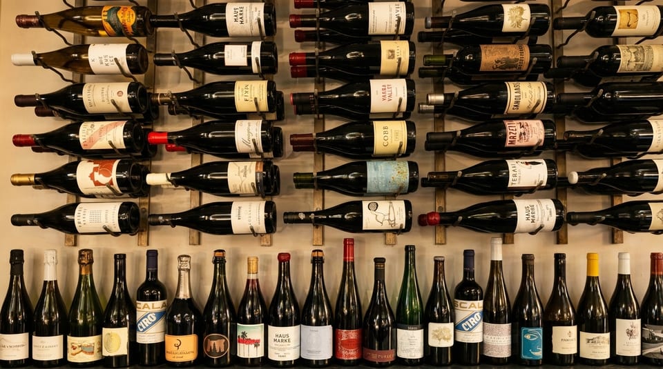 A wall display of numerous wine bottles, some racked horizontally, others standing upright.