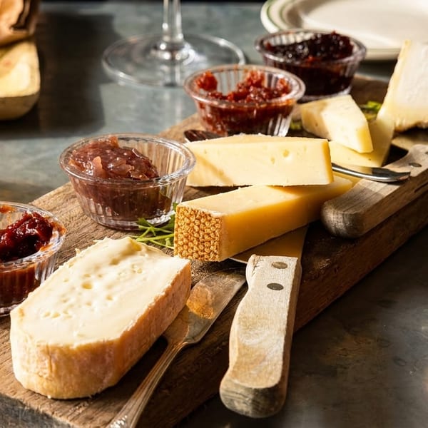 A rustic wooden board with various cheeses, fruit preserves, and baguette slices.