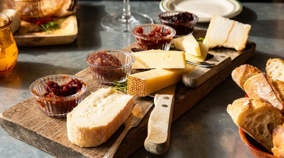 A rustic wooden board with various cheeses, fruit preserves, and baguette slices.