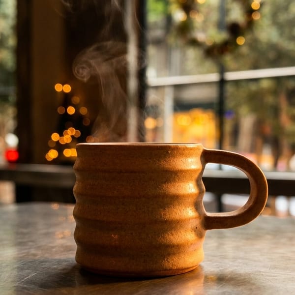 Steaming coffee mug on a table with blurred holiday decorations and window in the background.