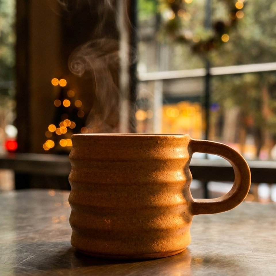 Steaming coffee mug on a table with blurred holiday decorations and window in the background.