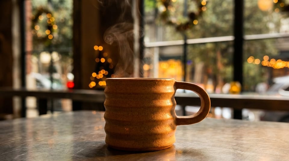 Steaming coffee mug on a table with blurred holiday decorations and window in the background.
