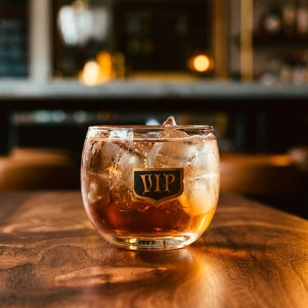 An iced cocktail in a glass with a "VIP" logo sits on a wooden table in a dimly lit bar.
