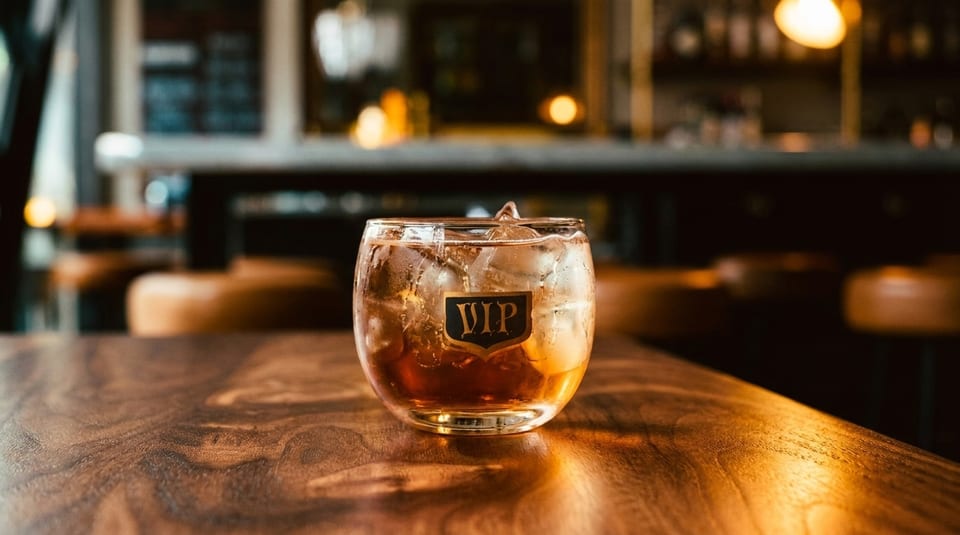 An iced cocktail in a glass with a "VIP" logo sits on a wooden table in a dimly lit bar.