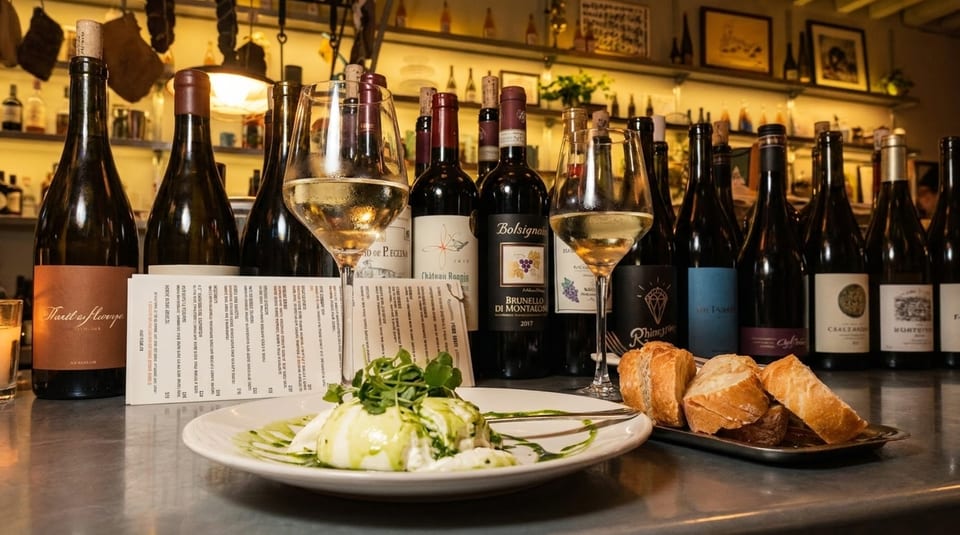 Wine bottles, two glasses of white wine, burrata with pesto, and sliced bread on a bar.