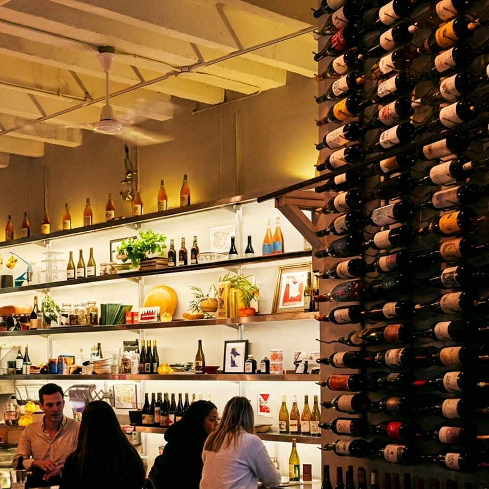 A restaurant interior with a large wine rack, shelves of bottles, and people at a bar.