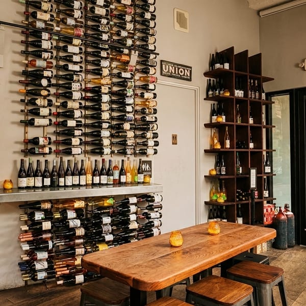 A cozy wine bar interior with a long wooden table, wine racks, and bottles on shelves.