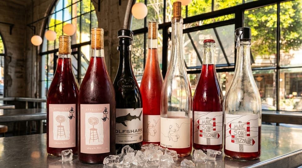 Assortment of wine bottles with unique labels and ice cubes on a table in a restaurant.