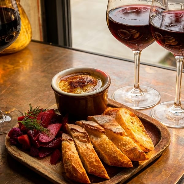 Three glasses of red wine, a baked dish, sliced bread, and beets on a wooden tray.